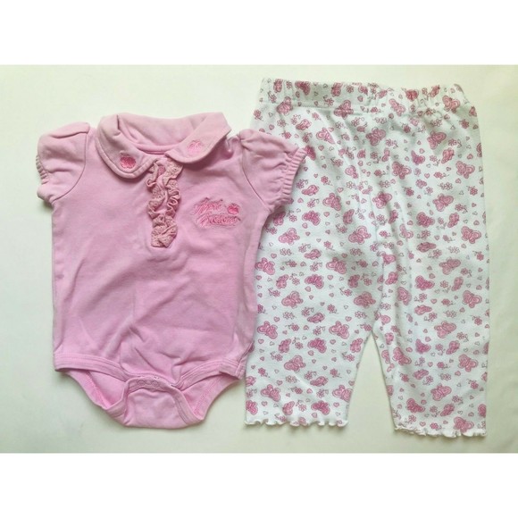 Girls Size 9M 6-9 Months Two Piece Pink Apple Bottom Top & Butterfly Pants - Picture 1 of 8